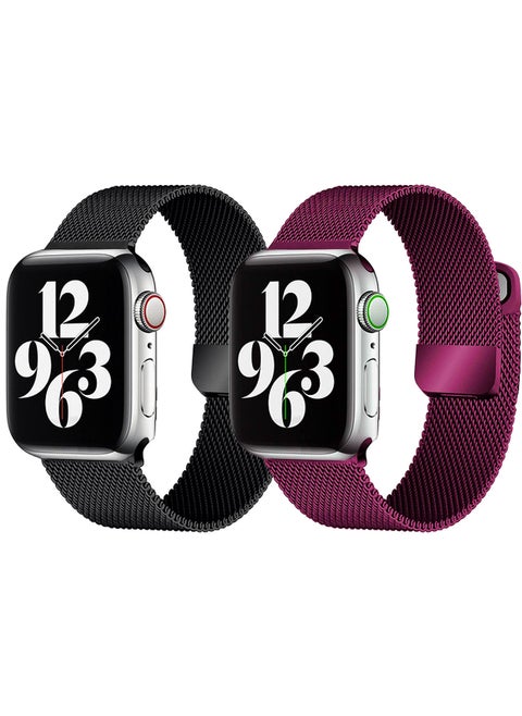 [set of 2] YOMNA Magnetic Metal Milanese Loop Band Compatible with Apple Watch Band 42mm 44mm 45mm 49mm, Mesh Strap Replacement for iWatch Series Ultra SE 8 7 6 5 4 3 2 1 (Jet Black/Purple)