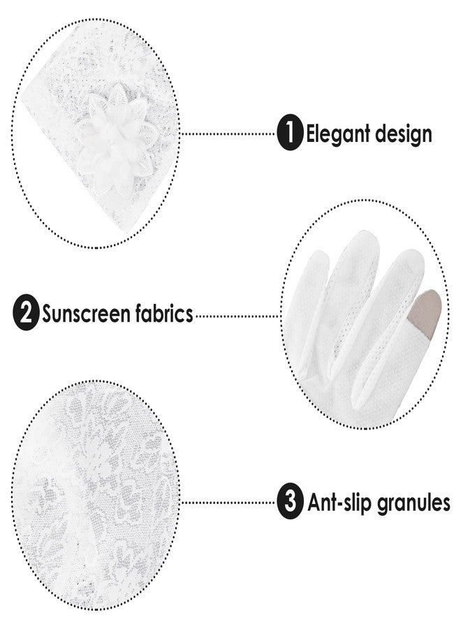 Yolev Ladies Floral Lace Gloves, Elegant Short Gloves, Stretchy Summer Sun UV Protection, Touch Screen, White, Size 56-58cm/22-22.83inch - Image 3