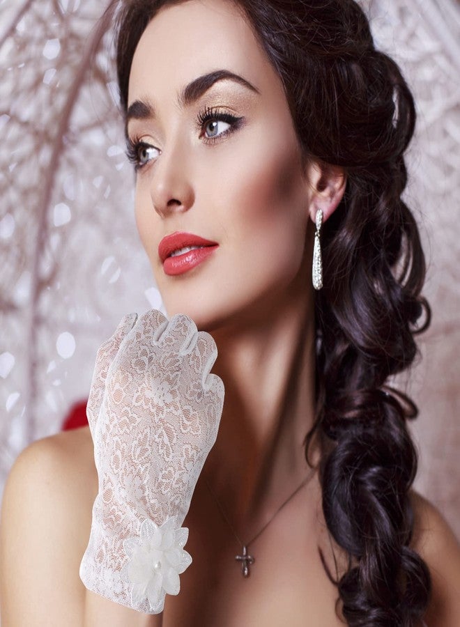 Yolev Ladies Floral Lace Gloves, Elegant Short Gloves, Stretchy Summer Sun UV Protection, Touch Screen, White, Size 56-58cm/22-22.83inch - Image 5
