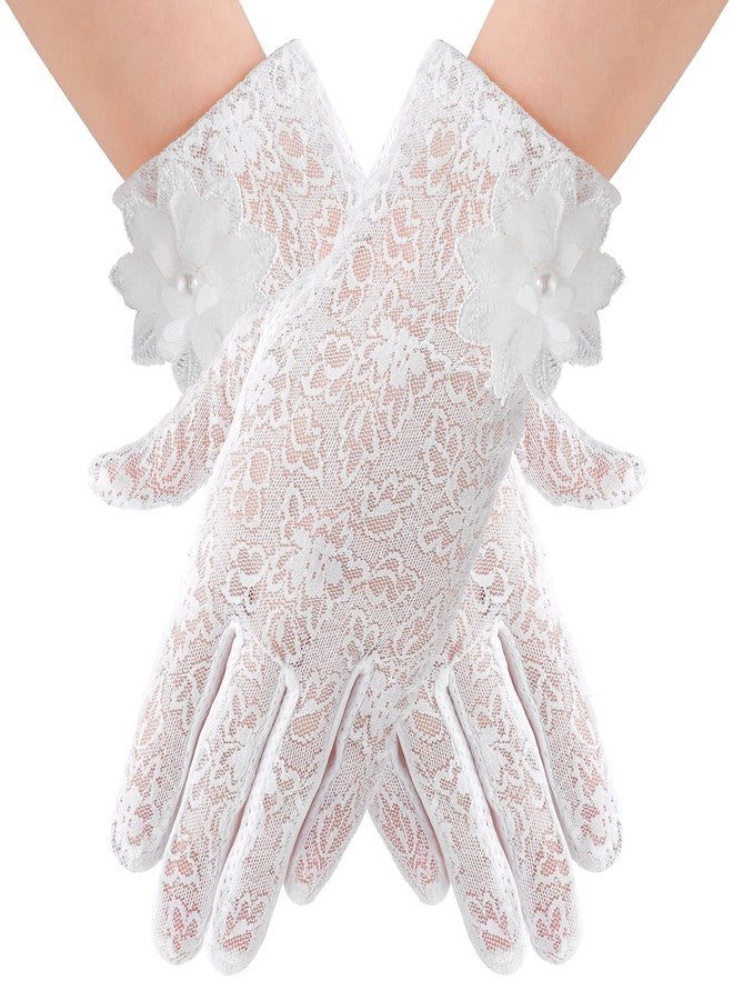 Yolev Ladies Floral Lace Gloves, Elegant Short Gloves, Stretchy Summer Sun UV Protection, Touch Screen, White, Size 56-58cm/22-22.83inch - Image 1