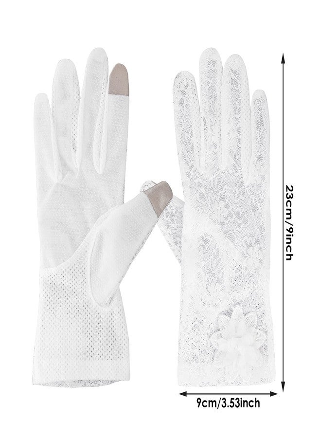 Yolev Ladies Floral Lace Gloves, Elegant Short Gloves, Stretchy Summer Sun UV Protection, Touch Screen, White, Size 56-58cm/22-22.83inch - Image 2