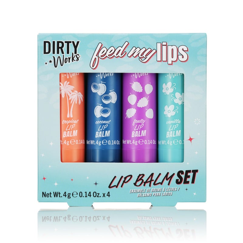 Dirty Works Feed My Lips Lip Balm Set 4 x 4g Nourishing Hydrating Lip Salve Tubes Gift Set Variaty of Fruity and Flavours