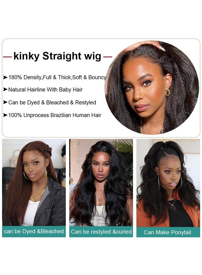 Kinky Straight Wig Human Hair 16 Inch Glueless Kinky Straight 13X4 Lace Front Wig Pre Plucked Hairline With Baby Hair,180% Density Yaki Straight Wigs Natural Black Color