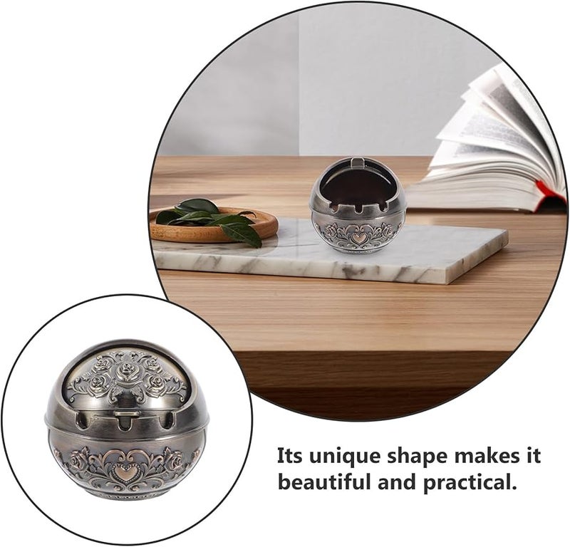 صينية سجائر معدنية مستديرة قديمة مع غطاء محمولة للاستخدام الداخلي والخارجي في الفناء - Image 3