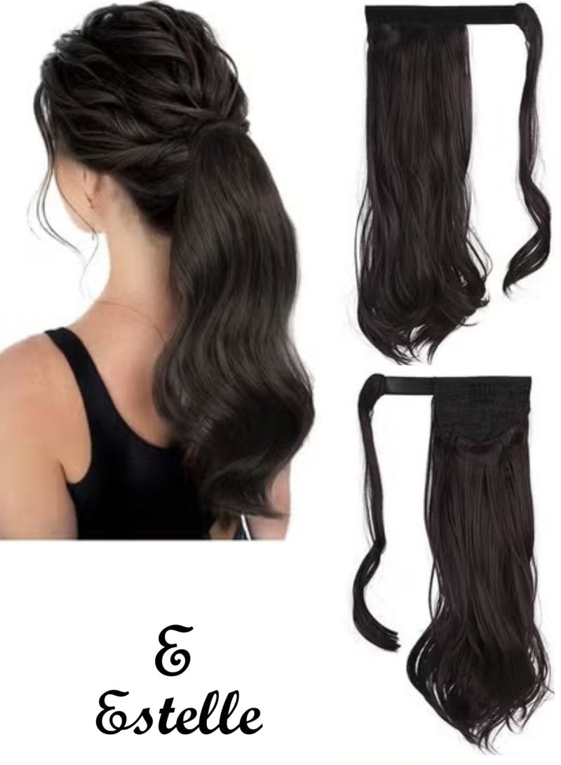 إستيل وصلة ذيل حصان مجعد 15 بوصة مقاومة للحرارة الاصطناعية الطبيعية المتموجة التفاف حول ذيل حصان وصلات شعر للنساء بني داكن مجعد - Image 1