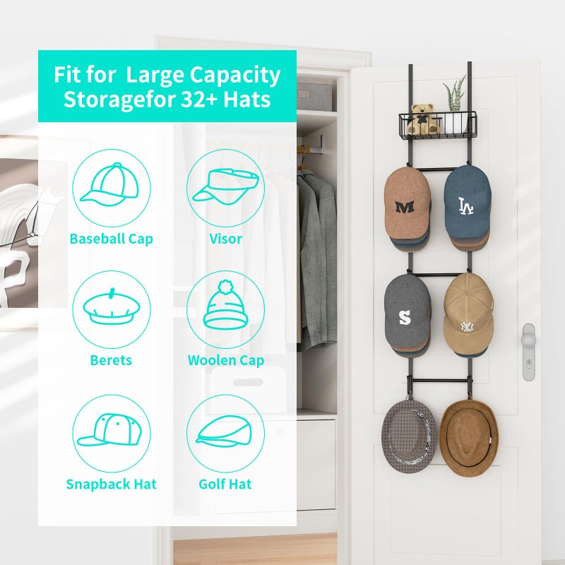 HapiRm Over Door Hat Rack - Wall Mounted Hat Organizer with 6 Hooks and Metal Basket Design, Baseball Cap Organizer Storage Holder Up to 32 Caps for Door, Bedroom, Closet (Black) - Image 4