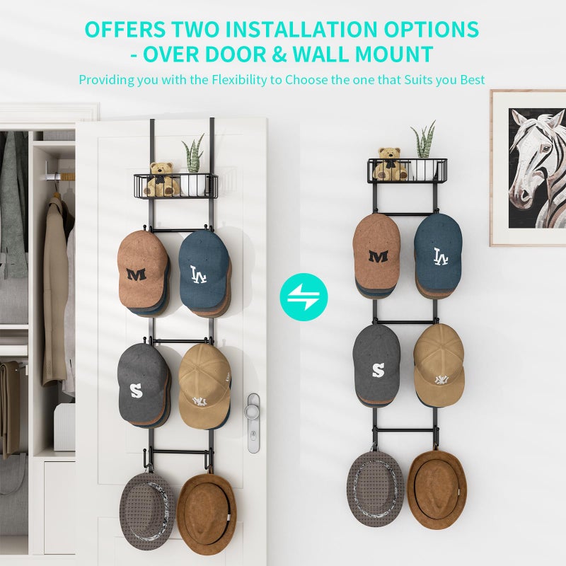 HapiRm Over Door Hat Rack - Wall Mounted Hat Organizer with 6 Hooks and Metal Basket Design, Baseball Cap Organizer Storage Holder Up to 32 Caps for Door, Bedroom, Closet (Black) - Image 3