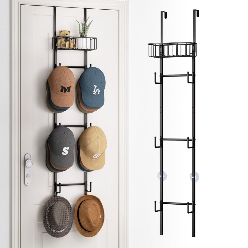 HapiRm Over Door Hat Rack - Wall Mounted Hat Organizer with 6 Hooks and Metal Basket Design, Baseball Cap Organizer Storage Holder Up to 32 Caps for Door, Bedroom, Closet (Black) - Image 1