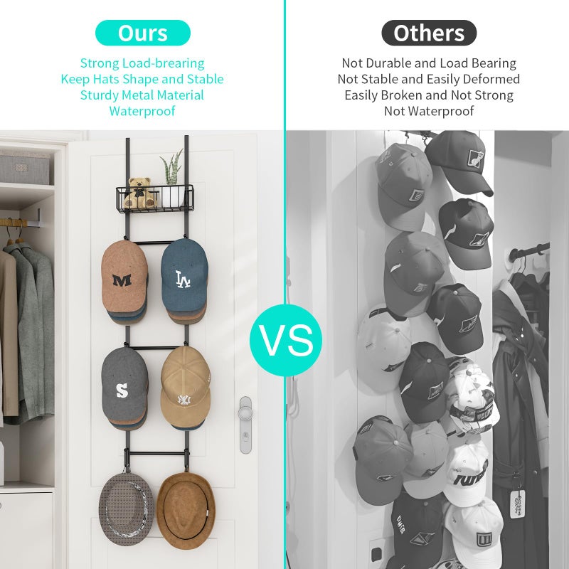 HapiRm Over Door Hat Rack - Wall Mounted Hat Organizer with 6 Hooks and Metal Basket Design, Baseball Cap Organizer Storage Holder Up to 32 Caps for Door, Bedroom, Closet (Black) - Image 2