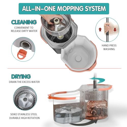 Mevigo 360° Spin Mop with Bucket|Dual Drive Floor Cleaning System with Stainless Steel Wringer|Super Absorbent Microfiber Heads 2 Refills Easy Self-Wringing Mop Set for Home&Office -Beige&Grey - Image 4