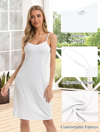 Vlazom Women Full Slips Sexy Soft Under Dress Basic Adjustable Spaghetti Strap Cami Slip Chemises V Neck Negligee A-white - Image 3