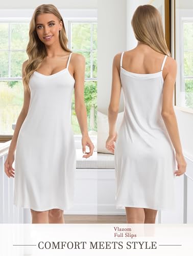 Vlazom Women Full Slips Sexy Soft Under Dress Basic Adjustable Spaghetti Strap Cami Slip Chemises V Neck Negligee A-white - Image 2
