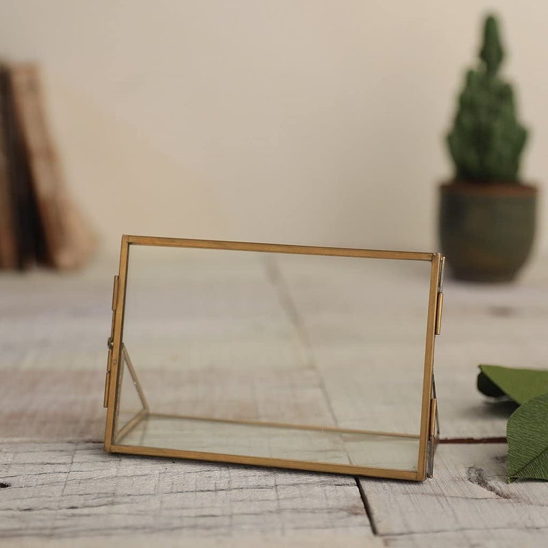 ARTINCO Art India Collections Table Brass Glass Photo Frame for Dried Flowers Pressed Flowers Poster Double Glass Frame Glass Brass Frame 6x4  - Image 1