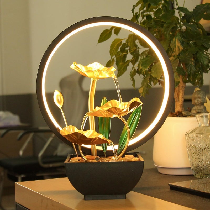 Tazweeq Tabletop Fountain,USB Powered Relaxation Indoor Tabletop Fountain With LED Circle Reflective Lighting Feature,Small Waterfall Fountains,For Home And Office Decor, Beautiful Humidifier - Image 1