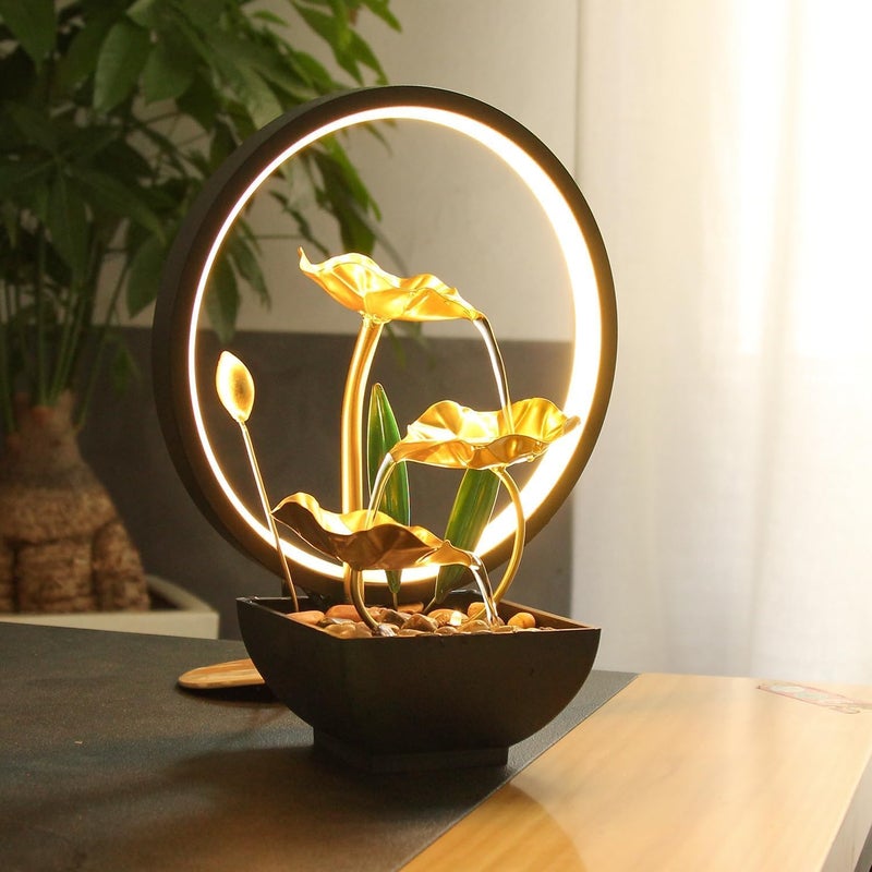 Tazweeq Tabletop Fountain,USB Powered Relaxation Indoor Tabletop Fountain With LED Circle Reflective Lighting Feature,Small Waterfall Fountains,For Home And Office Decor, Beautiful Humidifier - Image 5