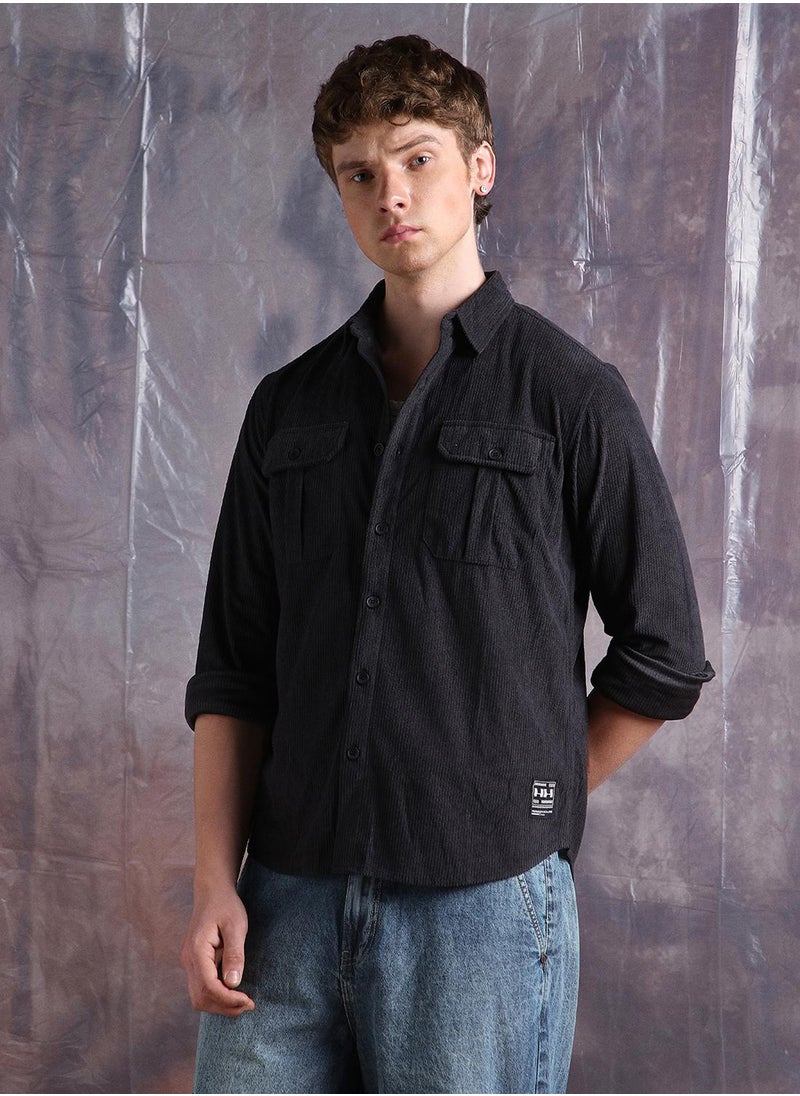 Hubberholme Men Comfort Relaxed Fit Spread Collar Wrinkle Free Textured Casual Shirt  - Image 3