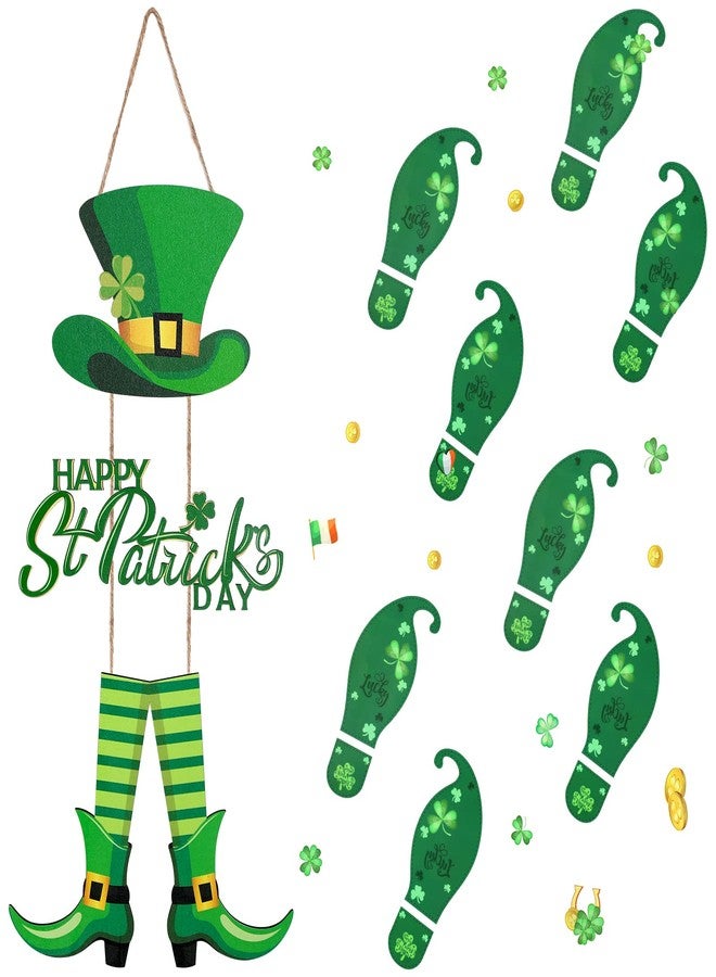 Marsui St Patricks Day Decorations Set Includes Hanging Happy St. Patrick's Day Wooden Wall Decor and 5 Sheets Leprechaun Footprints Floor Decals Happy St. Patrick's Day Sign Shamrock Door Decoration - Image 1