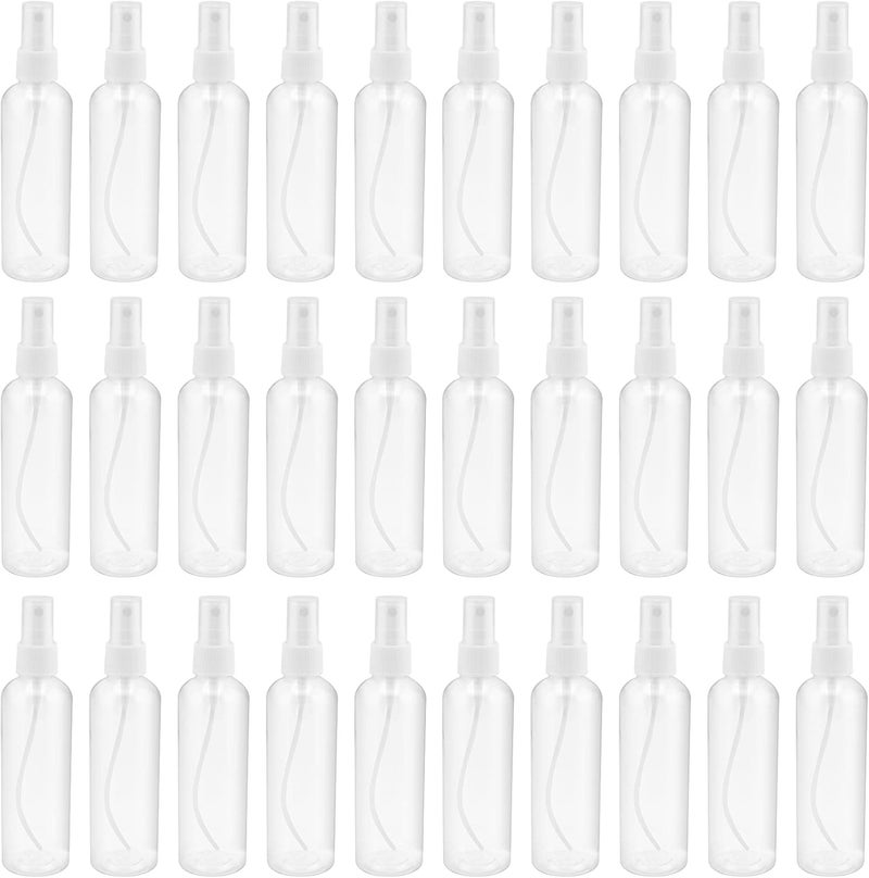 زجاجات رذاذ بلاستيكية شفافة 30 عبوة مع أغطية، زجاجات رذاذ سعة 4 أونصات، زجاجات رذاذ رفيعة قابلة لإعادة التعبئة، زجاجات رذاذ صغيرة الحجم للسفر، مقاومة للتسرب وخالية من BPA