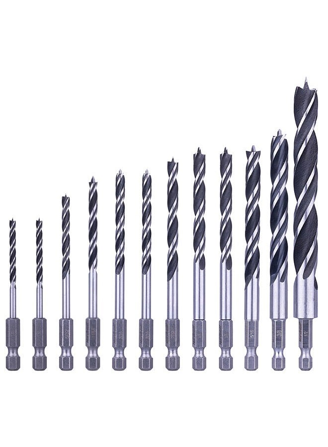 NordWolf 12-Piece Brad Point Wood Drill Bit Set for Carpenter Woodworking, Double Flutes Design with 1/4" Hex Shank, SAE Sizes 1/8" to 1/2" - Image 1