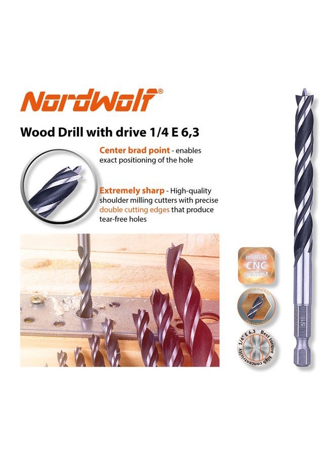 NordWolf 12-Piece Brad Point Wood Drill Bit Set for Carpenter Woodworking, Double Flutes Design with 1/4" Hex Shank, SAE Sizes 1/8" to 1/2" - Image 3