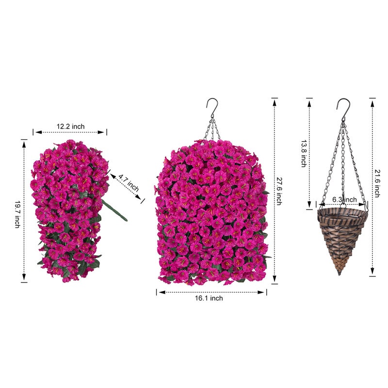 HyeFlora Artificial Fake Hanging Flowers Plants Baskets for Outdoor Outside Decoration, Faux Silk UV Resistant Realistic Fuchsia Morning Glory Planter for Home Porch Patio Balcony Garden Yard - Image 2