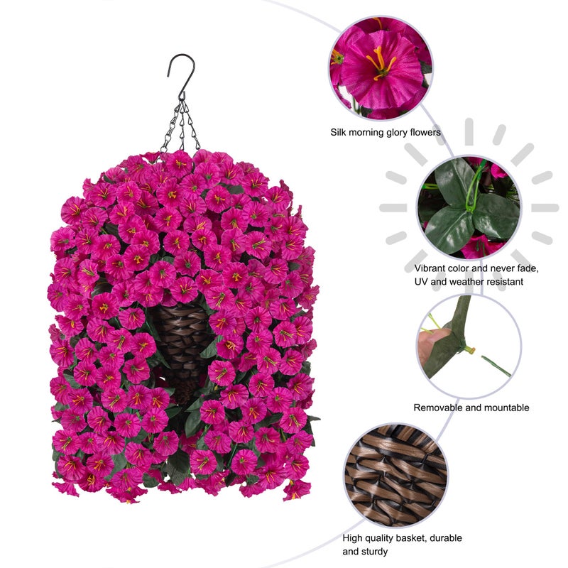 HyeFlora Artificial Fake Hanging Flowers Plants Baskets for Outdoor Outside Decoration, Faux Silk UV Resistant Realistic Fuchsia Morning Glory Planter for Home Porch Patio Balcony Garden Yard - Image 3