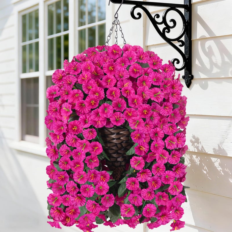 HyeFlora Artificial Fake Hanging Flowers Plants Baskets for Outdoor Outside Decoration, Faux Silk UV Resistant Realistic Fuchsia Morning Glory Planter for Home Porch Patio Balcony Garden Yard - Image 1