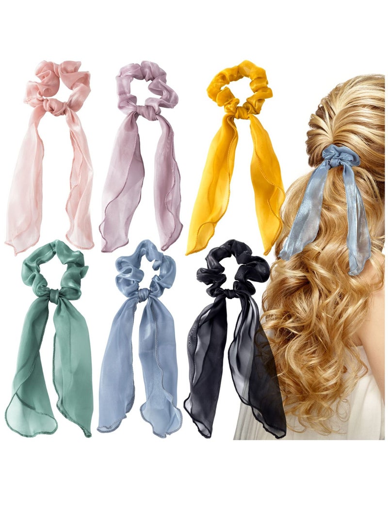 Loquat Silk Bow Scrunchies for Hair, Elastic Hair Tie Ear Women Girls 6pcs, Vintage Non Slip Satin Ropes Scarf Headbands Ponytail Holder - Image 1