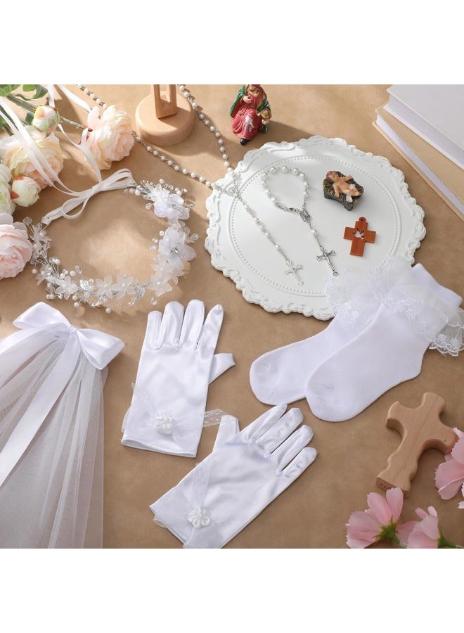 Funtery 6 Pcs First Communion Veils Girls Catholic Set 1st Communion Wreath Veil Headpiece Sock Necklace Bracelet Kid Wedding(Delicate Style) - Image 4