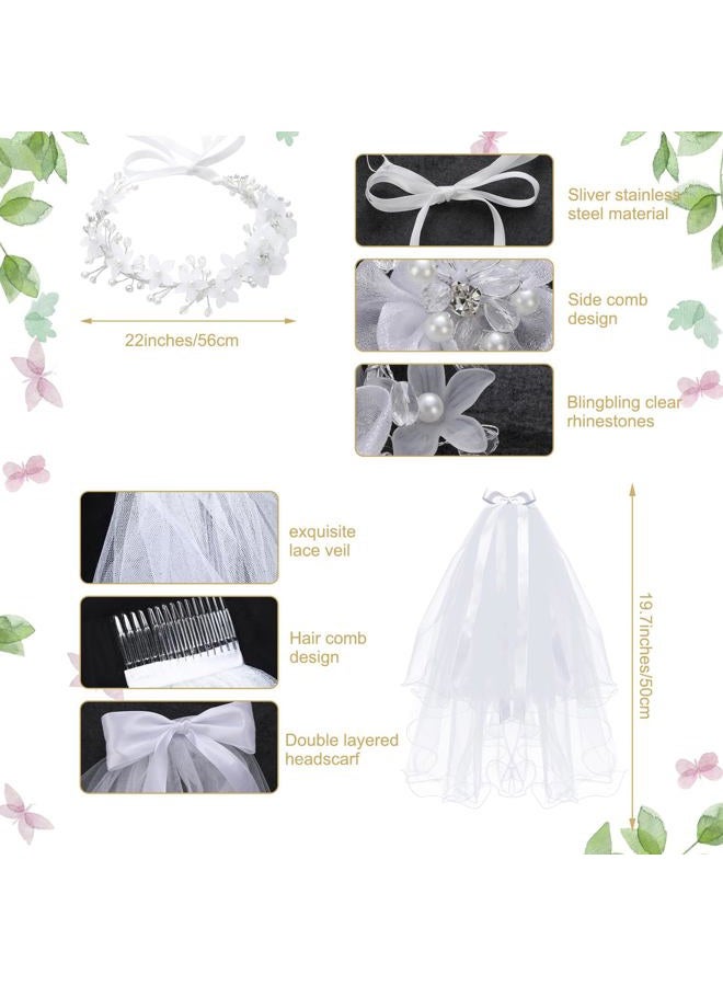 Funtery 6 Pcs First Communion Veils Girls Catholic Set 1st Communion Wreath Veil Headpiece Sock Necklace Bracelet Kid Wedding(Delicate Style) - Image 3