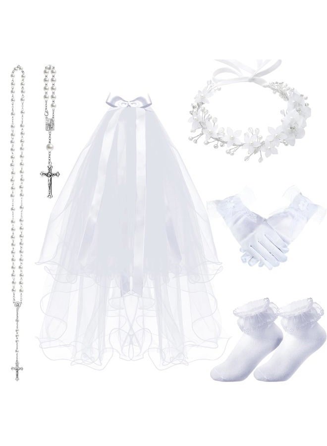 Funtery 6 Pcs First Communion Veils Girls Catholic Set 1st Communion Wreath Veil Headpiece Sock Necklace Bracelet Kid Wedding(Delicate Style) - Image 1