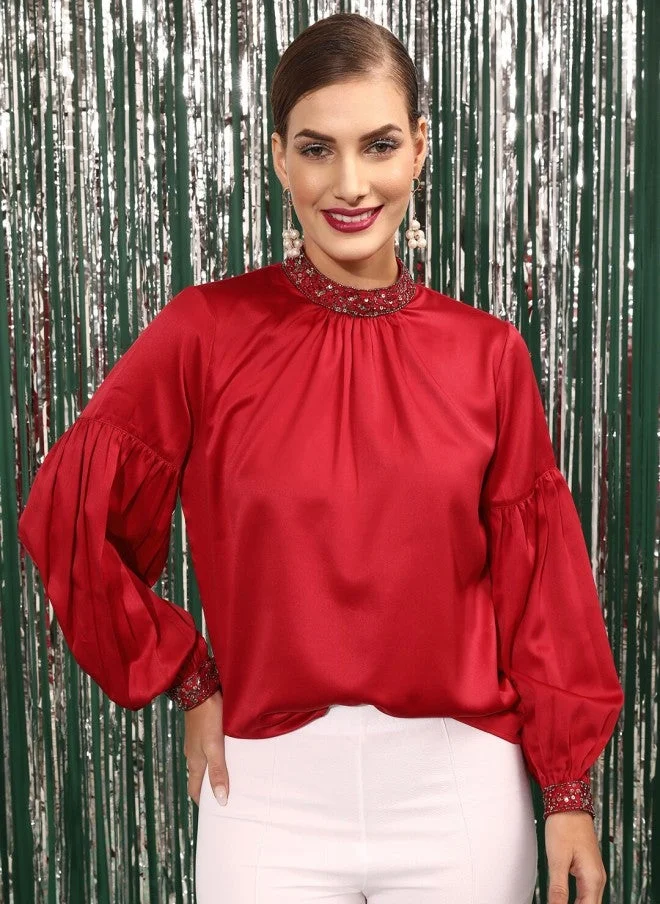 Cherry Red Satin Top for Women