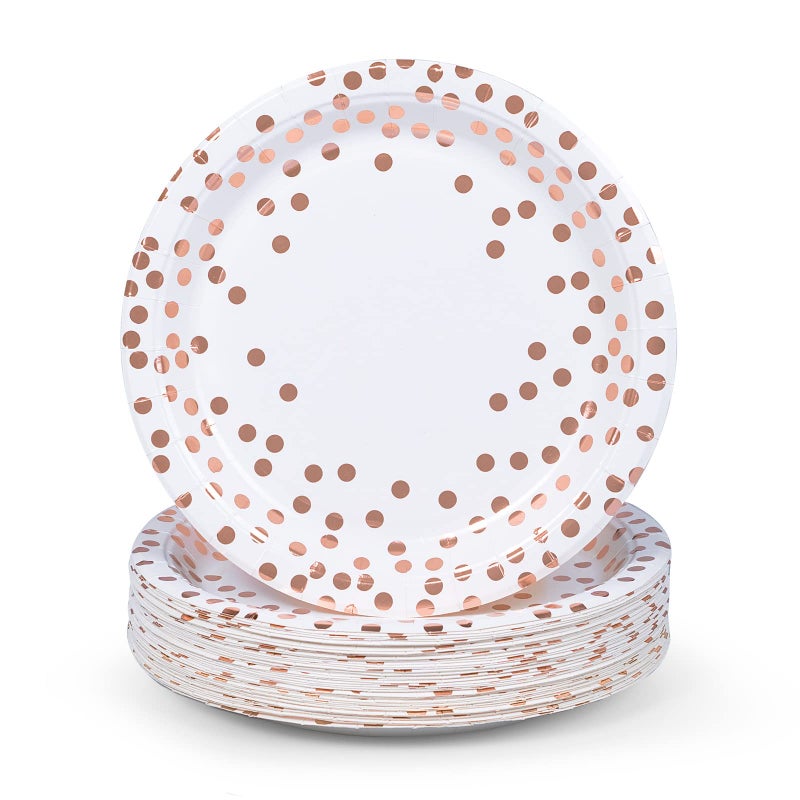 MATICAN Party Paper Plates 50Pack Disposable White and Rose Gold Plates Foil Polka Dots 9Inch