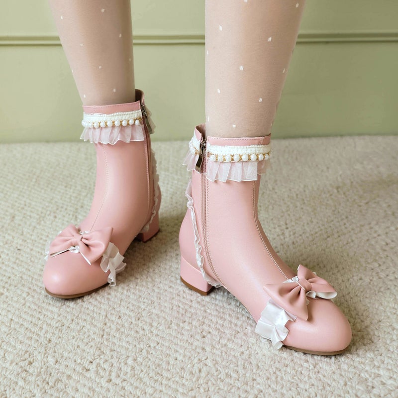 Size Size 28-43 Lori Bow Cute College Darling Pearl Low Barrel Women'S Boots - Image 4