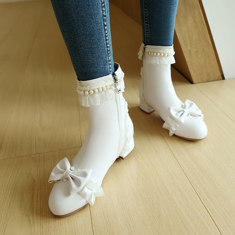 Size Size 28-43 Lori Bow Cute College Darling Pearl Low Barrel Women'S Boots - Image 2