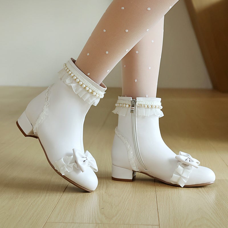 Size Size 28-43 Lori Bow Cute College Darling Pearl Low Barrel Women'S Boots - Image 5
