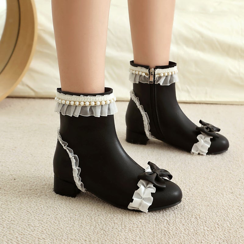 Size Size 28-43 Lori Bow Cute College Darling Pearl Low Barrel Women'S Boots - Image 3