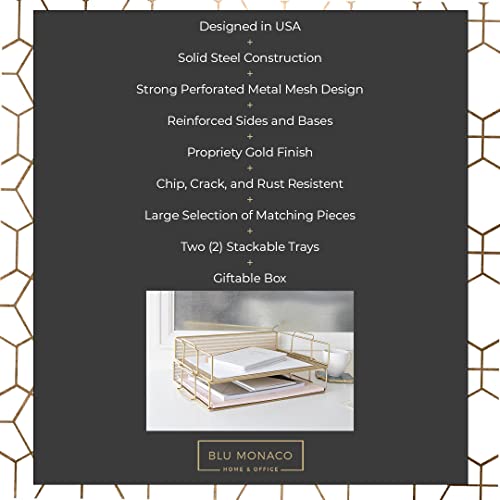 BLU MONACO Gold Mesh Paper Tray – Set of 2 Stackable Letter Trays – Durable Metal Desk Organizer for Home, Office & School – Stylish Document Holder, File Storage, and Workspace Organizer - Image 3