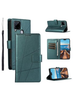 HuHa Case Cover For Realme C15 / C25 / Narzo 30A PU Genuine Leather Texture Embossed Line Phone Case Green 