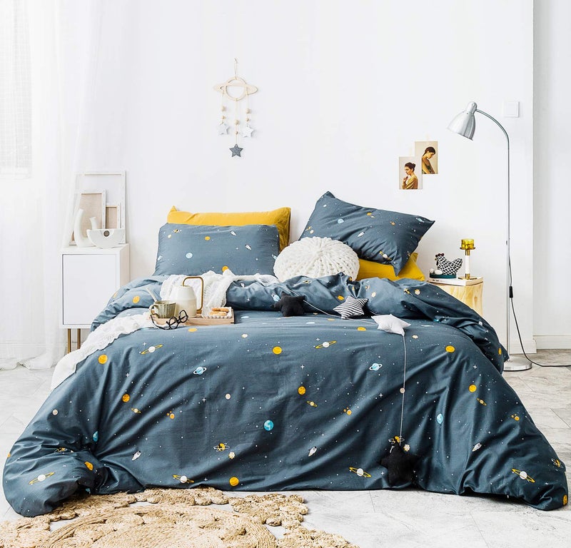 YuHeGuoJi YuHeGuoJi Teal Celestial Duvet Cover Queen 100 Cotton 3 Pcs Set 1 Yellow Blue Cartoon Space Duvet Cover with Zipper Ties 2 Pillowcases Stars Rocket Print Bedding 