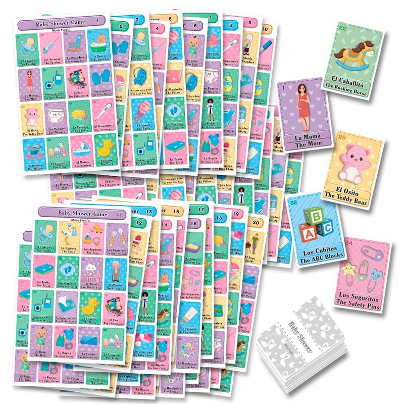 More Fiesta Baby Shower Bingo Tablas Game Bilingual English Spanish for up to 40 Players