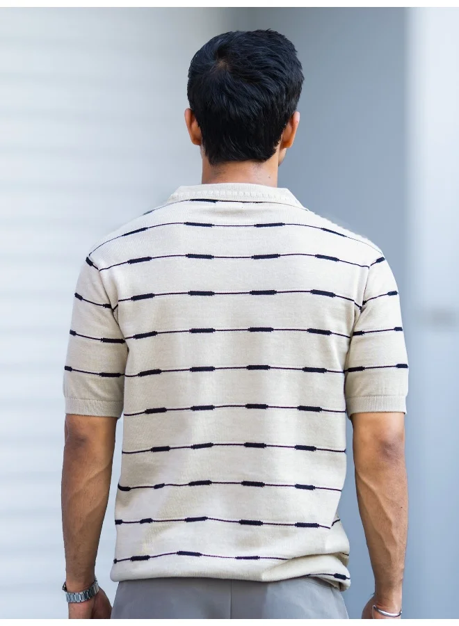 Maniac Maniac Mens Glitch line Polo Neck Half Sleeve Half Zipper Beige Cotton T-Shirt