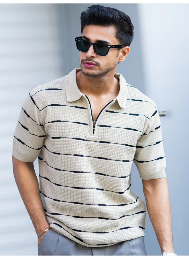 مانياك Maniac Mens Glitch line Polo Neck Half Sleeve Half Zipper Beige Cotton T-Shirt