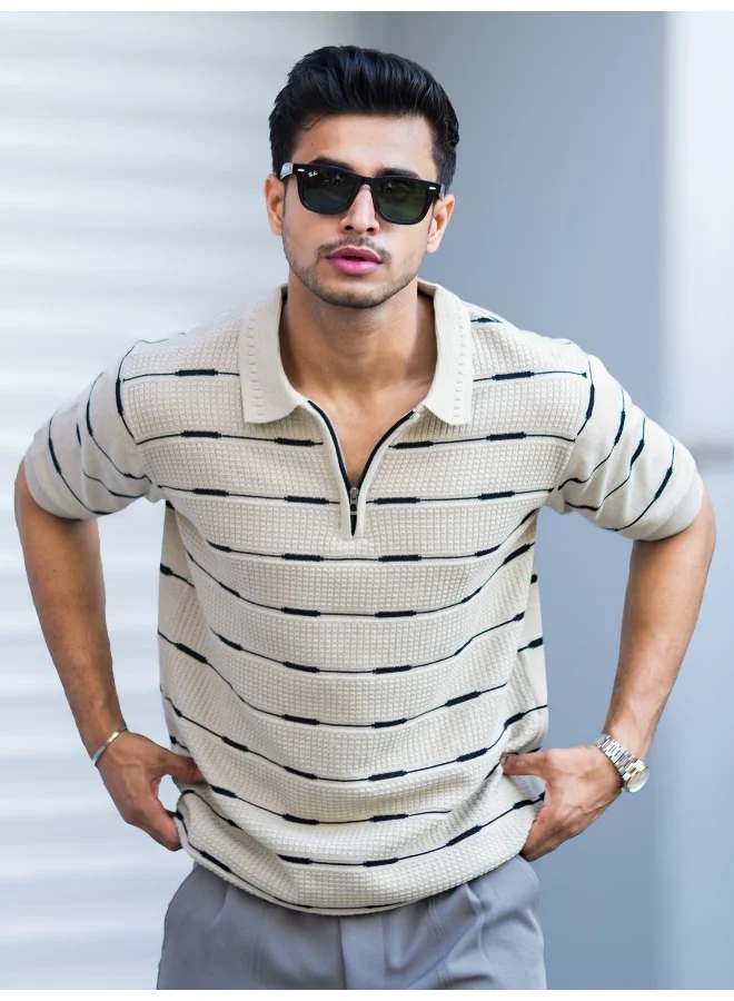 Maniac Maniac Mens Glitch line Polo Neck Half Sleeve Half Zipper Beige Cotton T-Shirt