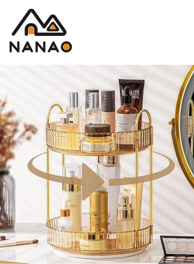 NANAO 360 Rotating Makeup Organizer for Vanity, Bathroom Countertop Organizer Spinning Perfume Organizer, High-Capacity Cosmetic and Skincare Dresser Make Up Holder Rack (2 Tier,Amber) - Image 1