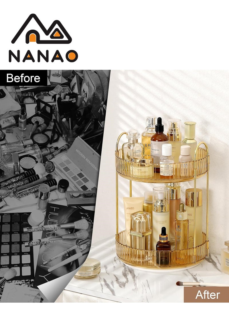 NANAO 360 Rotating Makeup Organizer for Vanity, Bathroom Countertop Organizer Spinning Perfume Organizer, High-Capacity Cosmetic and Skincare Dresser Make Up Holder Rack (2 Tier,Amber) - Image 5