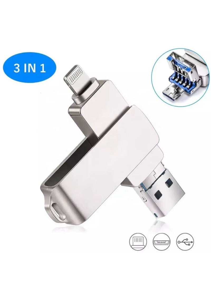 بيوينتي محرك أقراص فلاش USB بسعة 256 جيجابايت لهاتف Iphone محرك أقراص فلاش معدني 4 في 1 فائق السرعة 3.1 بتصميم دوار OTG Type A USB + Lightning + Micro USB لأجهزة Android وأجهزة الكمبيوتر الشخصية والسيارات و  - Image 4