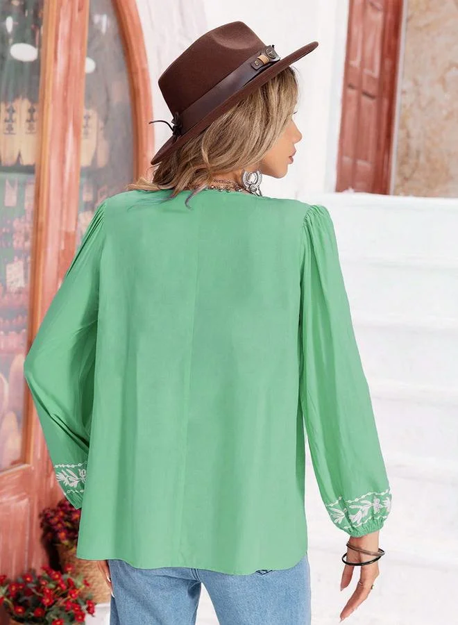 تايك تو Women's Embroidery Detail Tie-Up Neck Long Sleeve Elastic Cuff Top