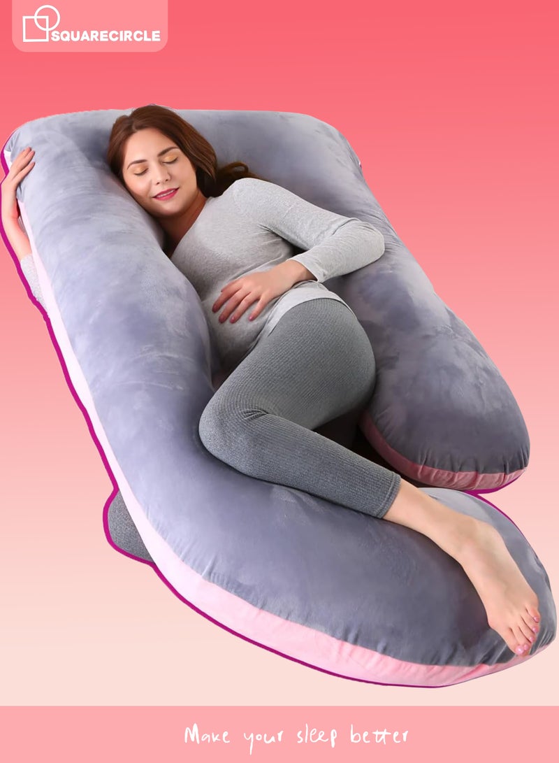 دائرة مربعة وسادة حمل ناعمة على شكل حرف U لكامل الجسم - مريحة وتخفيف الظهر - دعم مريح للأمومة وتخفيف الظهر - وسائد الأمومة - أفضل هدية للنساء الحوامل (وردي ورمادي) - Image 1