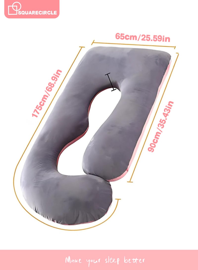دائرة مربعة وسادة حمل ناعمة على شكل حرف U لكامل الجسم - مريحة وتخفيف الظهر - دعم مريح للأمومة وتخفيف الظهر - وسائد الأمومة - أفضل هدية للنساء الحوامل (وردي ورمادي) - Image 2